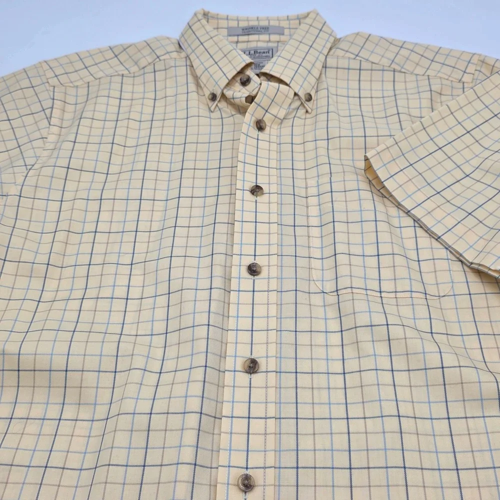 LL Bean Mens Yellow Blue Plaid Short Sleeve Button Down Shirt M Wrinkle Free